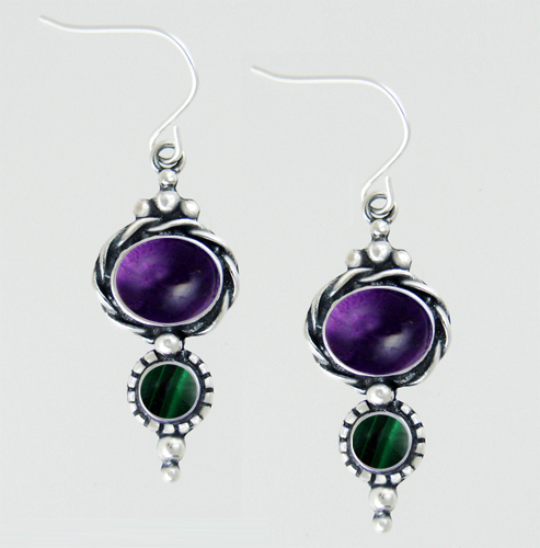 Sterling Silver Drop Dangle Earrings With Amethyst And Malachite